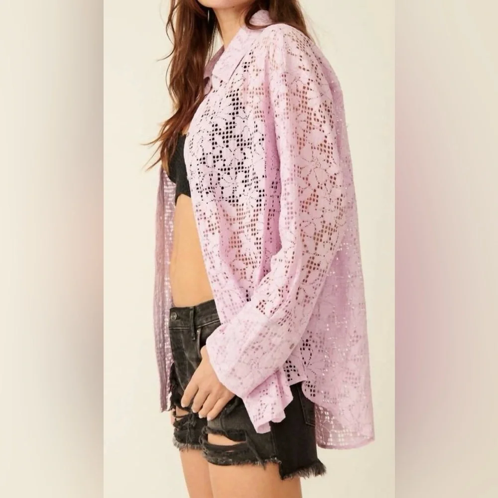 FREE PEOPLE in your dreams lace button down lavender XL oversized lace bohemian